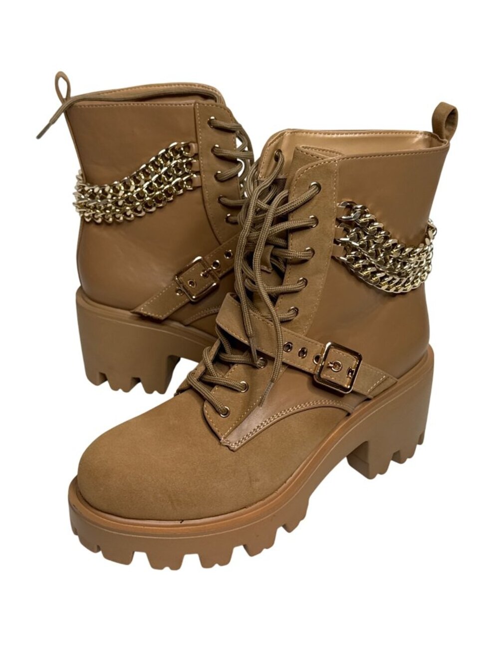 Cape Robbin Womens 10 Tan Combat Boots Chain Lace Up Platform Chunky Heel